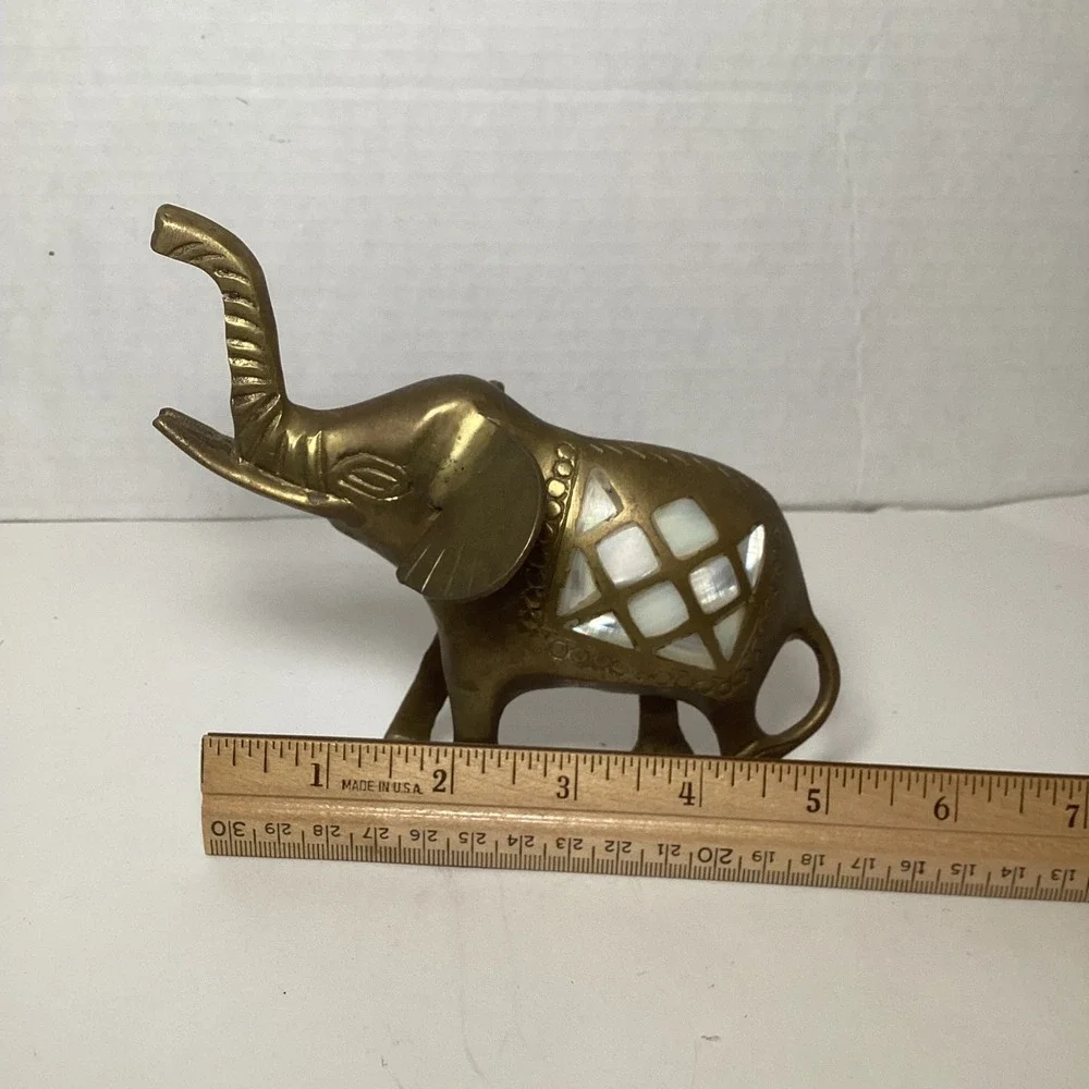 Vintage Brass Elephant Figurine Mother of Pearl Inlay Trunk Up Good Luck Decor